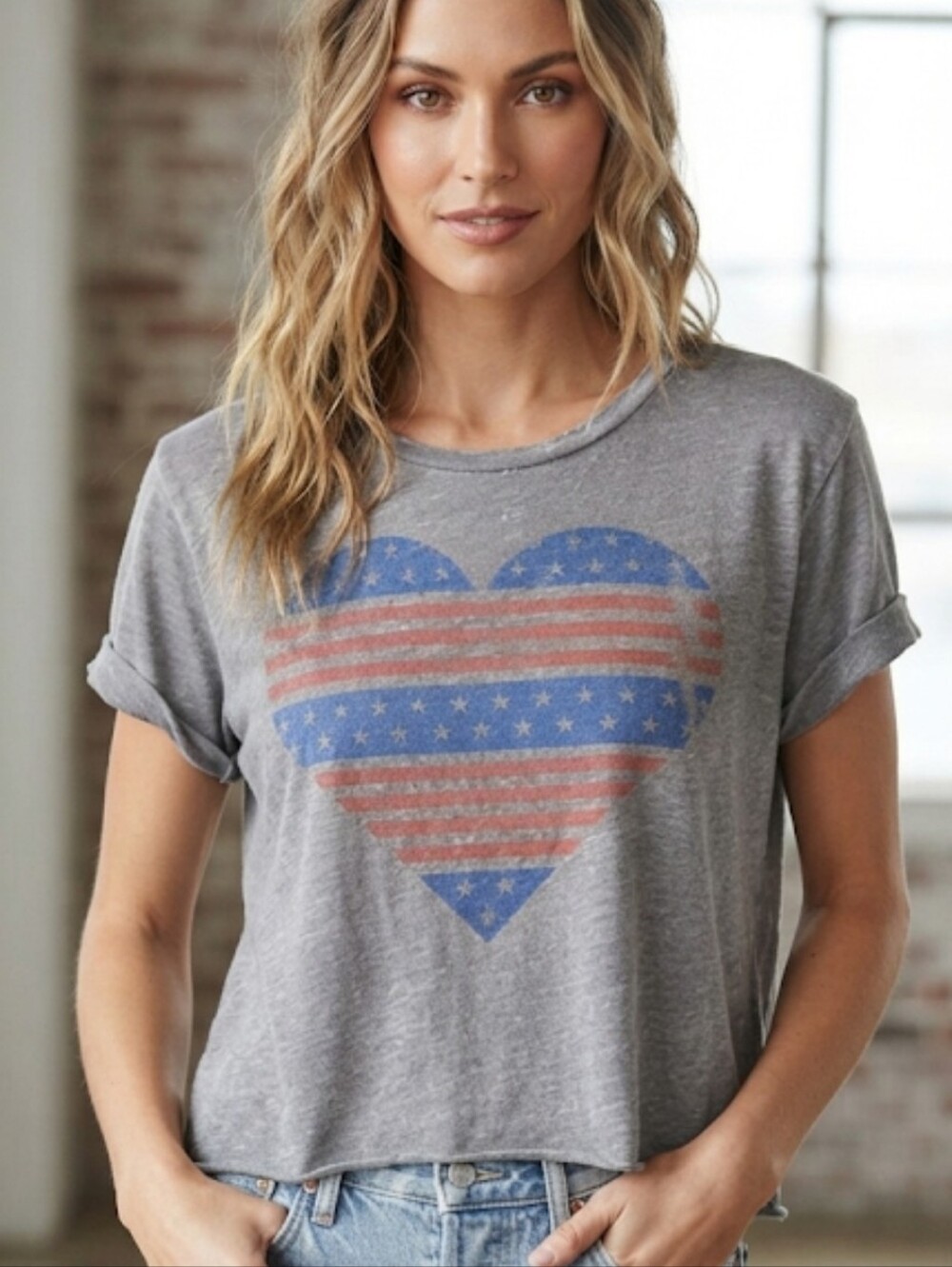Freeze Distressed Gray T-shirt With Patriotic Heart Rolled Sleeves Size Large